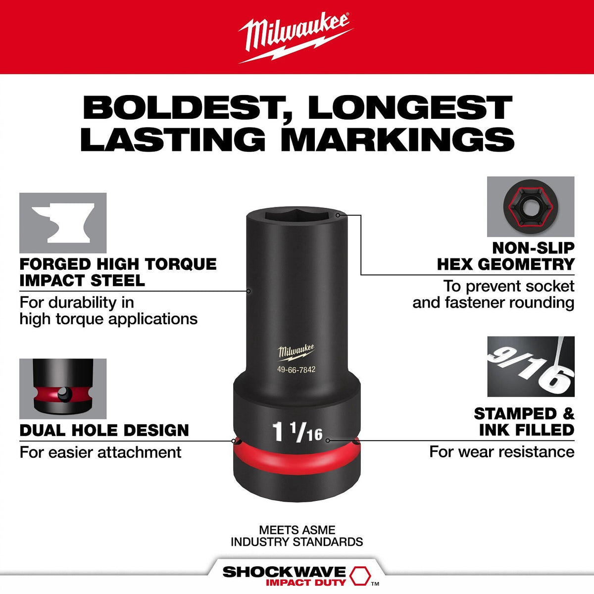 Milwaukee 49-66-6537 Shockwave 1" Drive 3-1/2" Deep 6-Point Impact Socket - 3