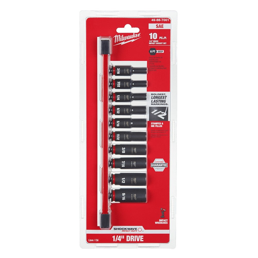 Milwaukee 49-66-7001 10PC SHOCKWAVE Impact Duty™ 1/4" Drive SAE Deep 6 Point Socket Set