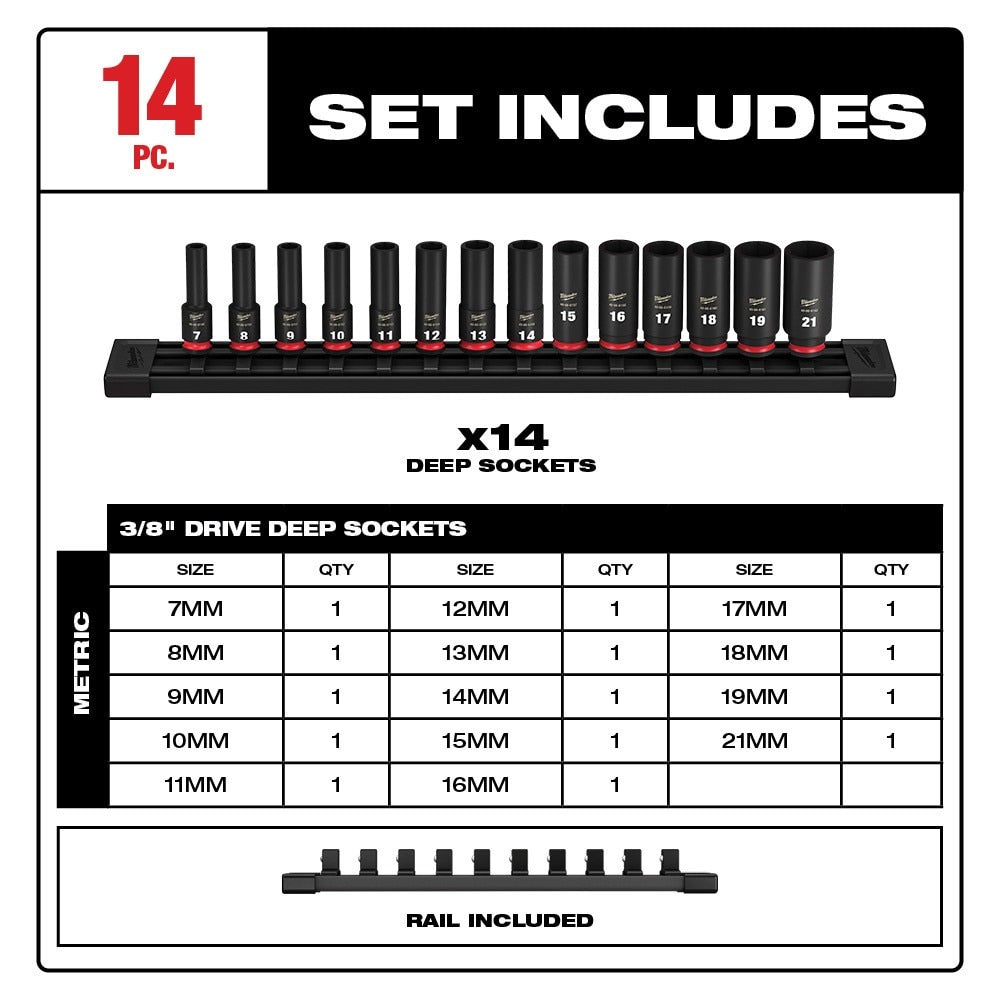 Milwaukee 49-66-7008 14PC SHOCKWAVE Impact Duty™ 3/8" Drive Metric Deep 6 Point Socket Set