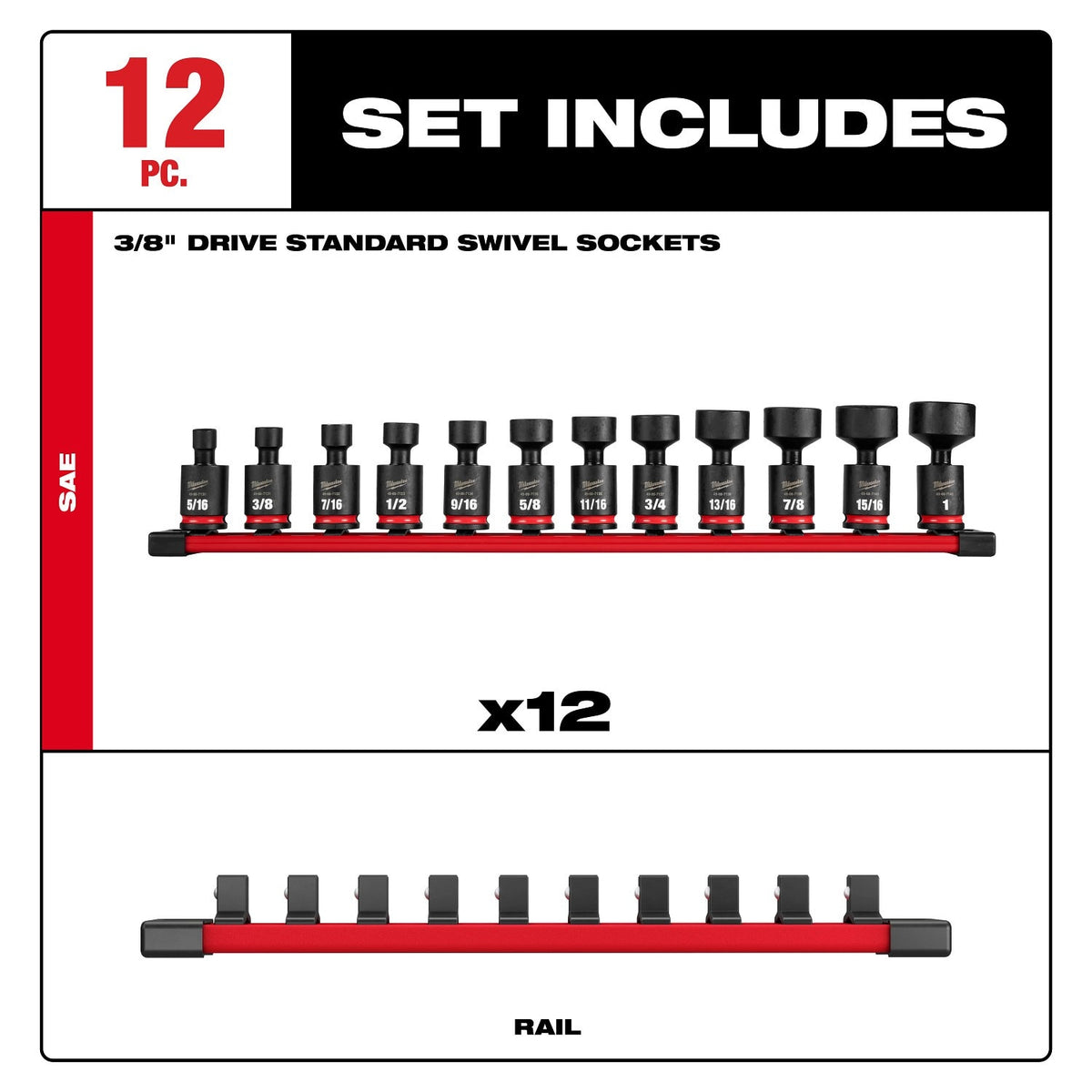 Milwaukee 49-66-7102 3/8" Drive SAE Standard Swivel Impact Socket Set (12 Piece) - 7
