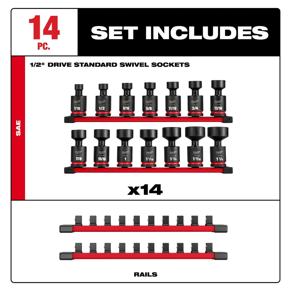 Milwaukee 49-66-7106 Shockwave Impact Duty 1/2" Drive SAE Standard Swivel Socket Set (14 Piece) - 7