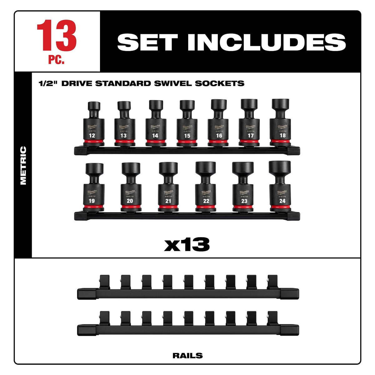 Milwaukee 49-66-7107 1/2" Drive Metric Standard Swivel Impact Socket Set (13 Piece) - 7