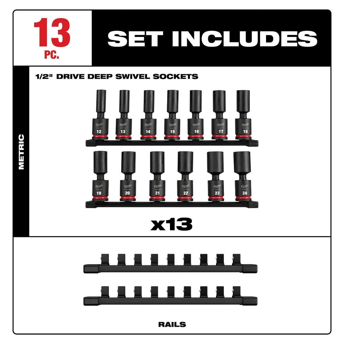 Milwaukee 49-66-7109 1/2" Drive Metric Deep Swivel Impact Socket Set (13 Piece) - 7