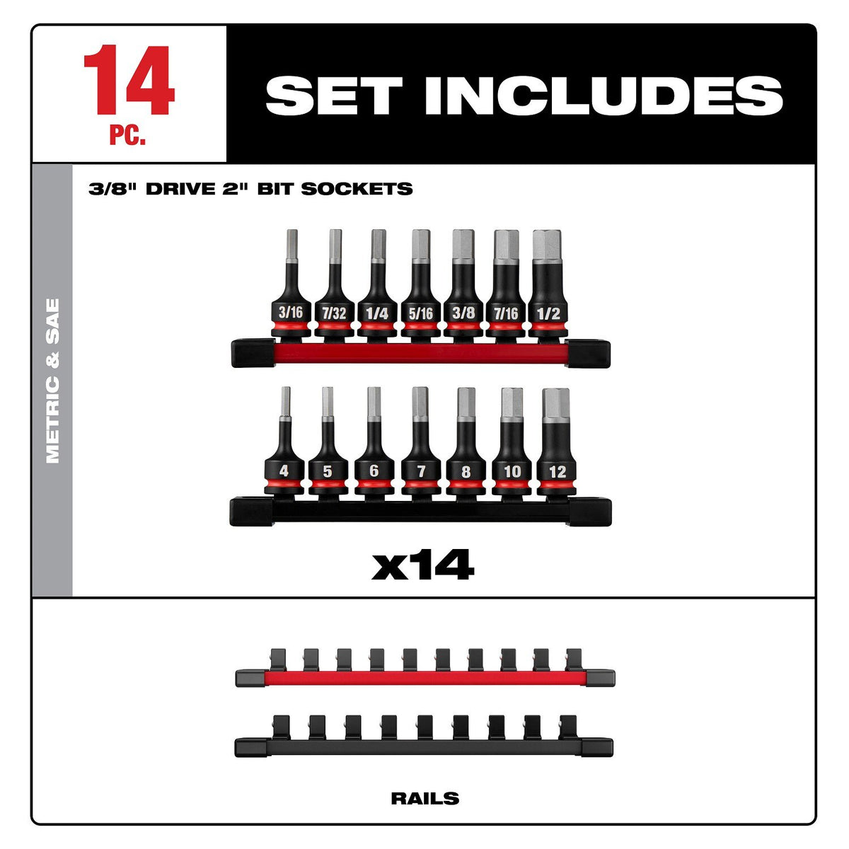 Milwaukee 49-66-7255 Shockwave 3/8" Drive 2" Hex SAE and Metric Bit Socket Set (14 Piece) - 4