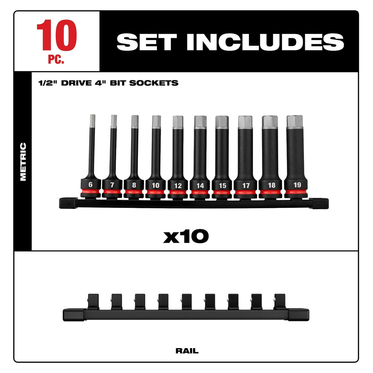 Milwaukee 49-66-7258 Shockwave Impact Duty 1/2" Drive 4" Hex Metric Bit Socket Set (10 Piece) - 4