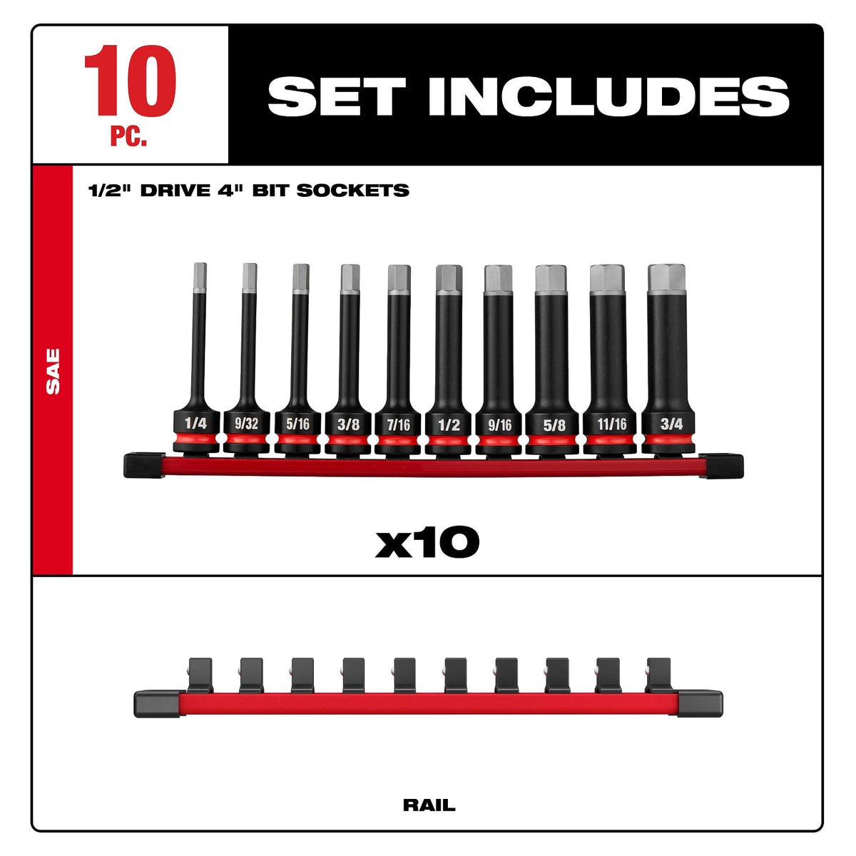 Milwaukee 49-66-7259 Shockwave Impact Duty 1/2" Drive 4" Hex SAE Bit Socket Set (10 Piece) - 4
