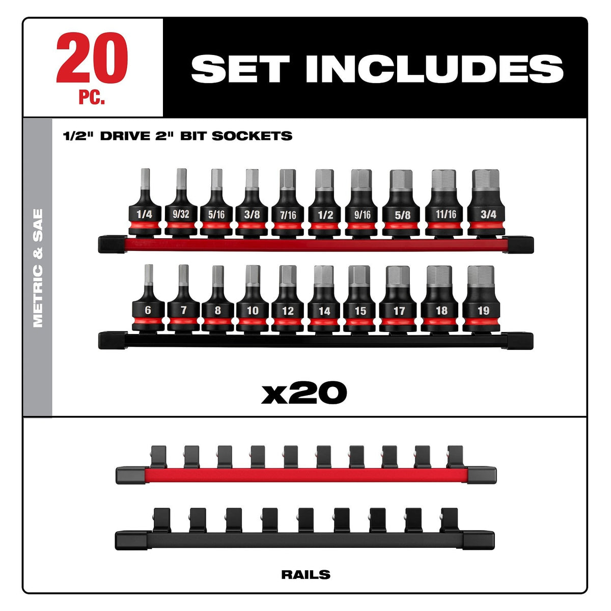 Milwaukee 49-66-7260 Shockwave 1/2" Drive 2" Hex SAE Metric Impact Bit Socket Set (20 Piece) - 4