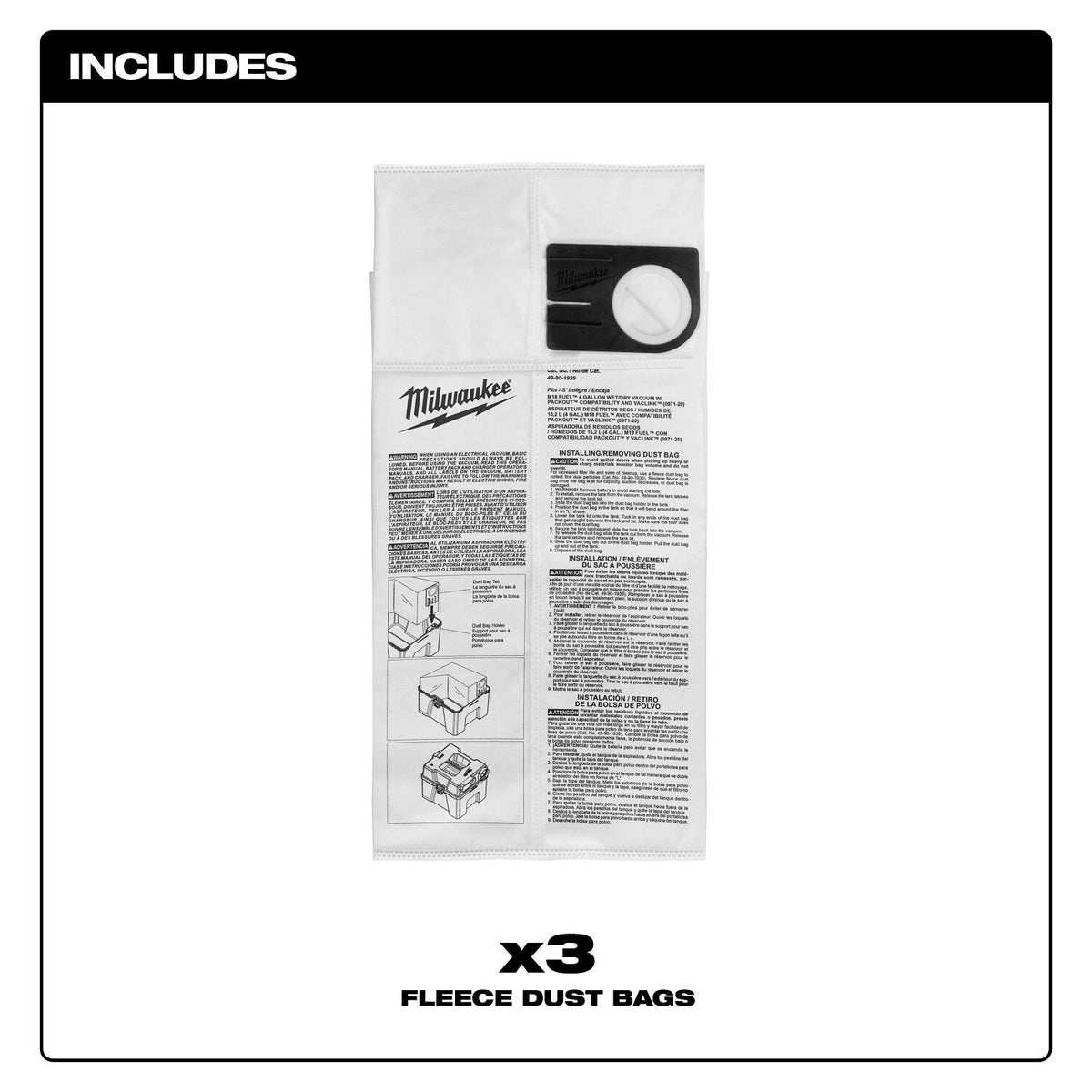 Milwaukee 49-90-1939 4Gal. Fleece Dust Bags for M18 FUEL Wet Dry Vacuum (3 Pack) - 2