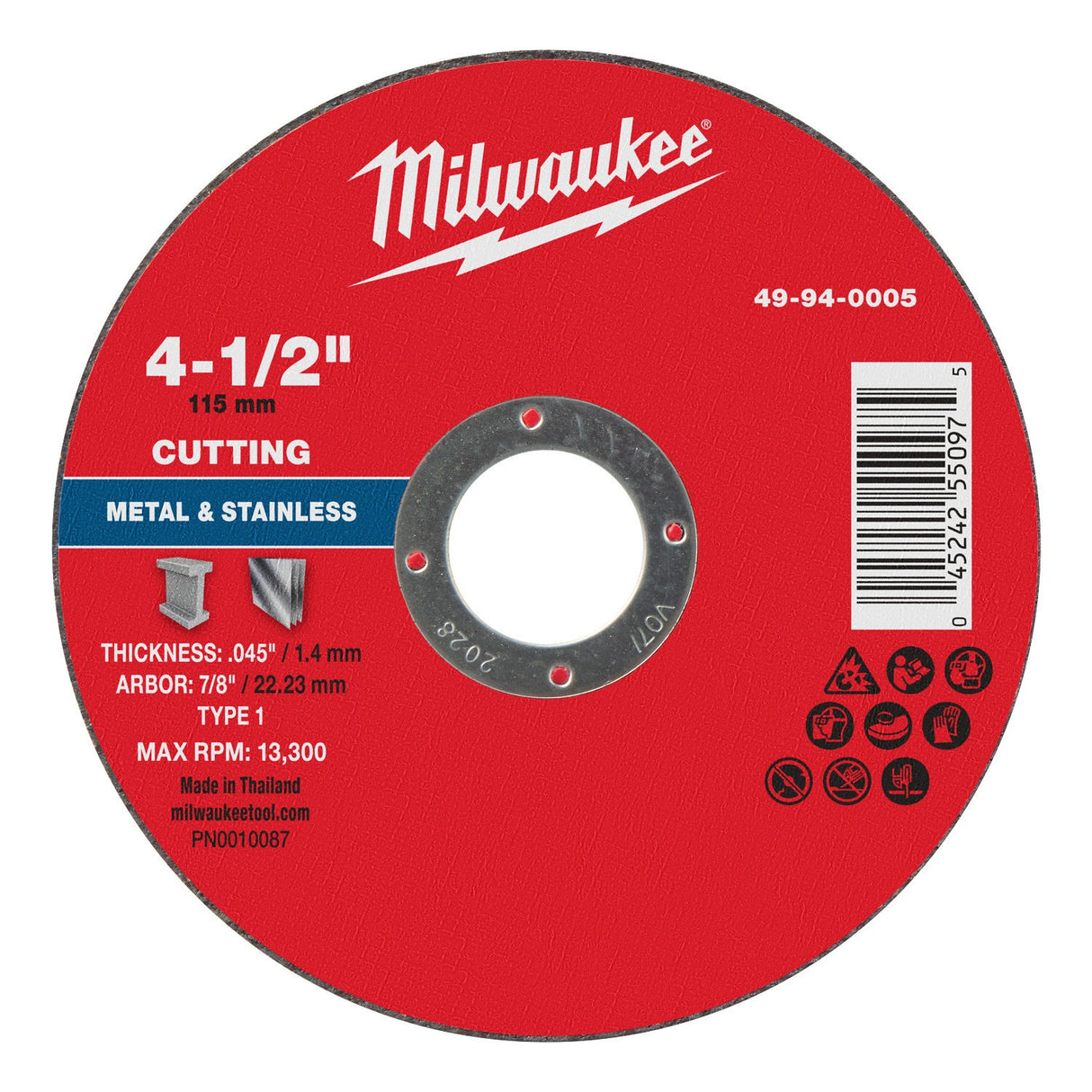 Milwaukee 49-94-0005 4.5 in. x 0.045 in. x 0.875 in. Metal Cut Off Wheel Type 1