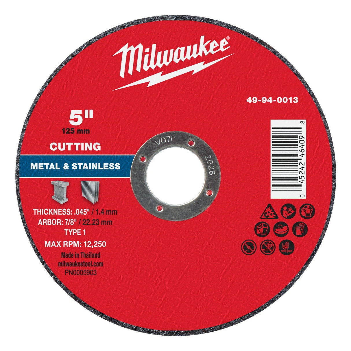 Milwaukee 49-94-0013 5 in x 0.045 in x 7 8 in Type 1 Metal Cut Off Wheel for Metal and Stainless Steel (1 Each)