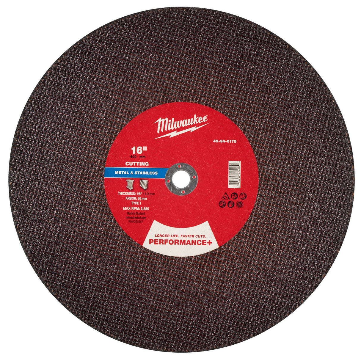 Milwaukee 49-94-0178 16 in x 1/8 in x 20 mm Performance Plus Metal Cut Off Wheel Type 1