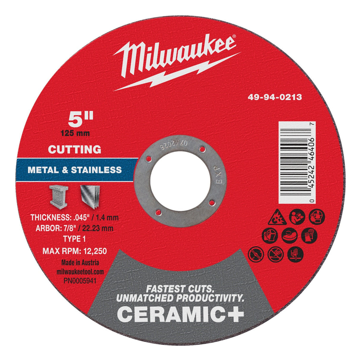 Milwaukee 49-94-0213 5in x 0.045in x 7/8in Ceramic+ Metal Cut Off Wheel Type 1 for Metal and Stainless Steel (1 Each)