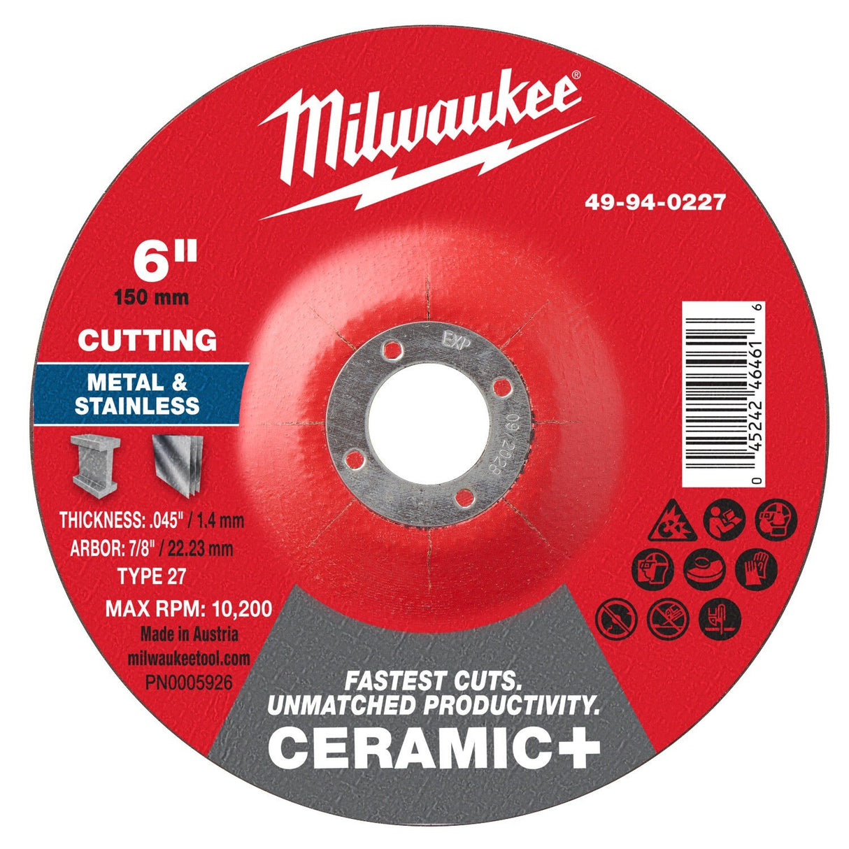 Milwaukee 49-94-0227 6 in x 0.045 in x 7/8 in Ceramic+ Metal Cut Off Wheel Type 27
