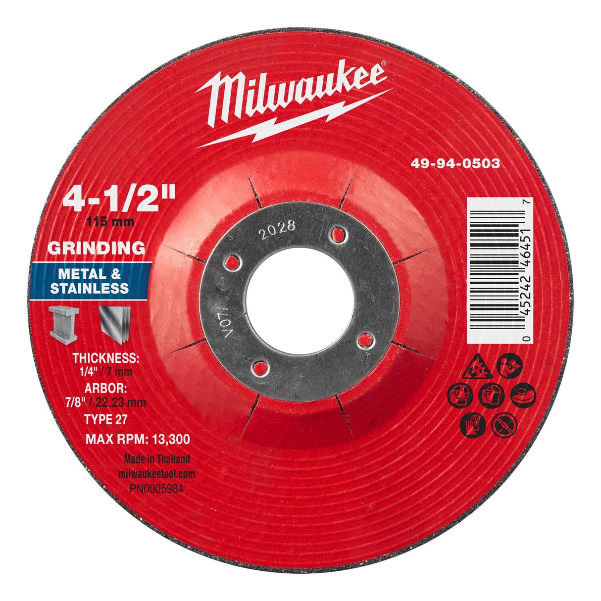 Milwaukee 49-94-0503 4-1/2 in. x 1/4 in. x 7/8 in. Type 27 Metal Grinding Wheel