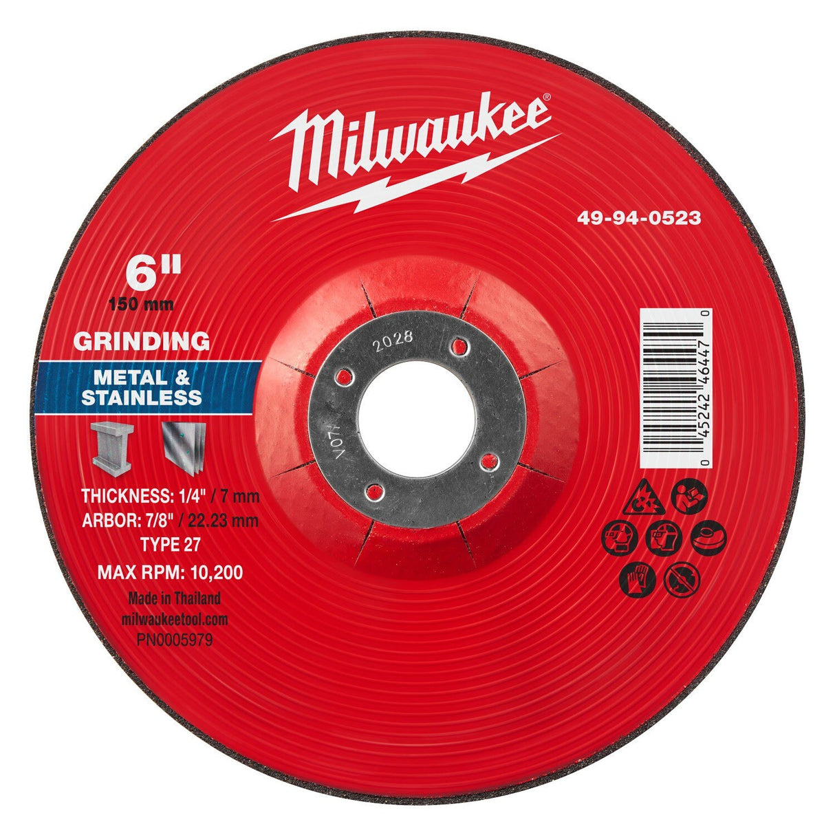 Milwaukee 49-94-0523 6 in. x 1/4 in. x 7/8 in. Type 27 Metal Grinding Wheel