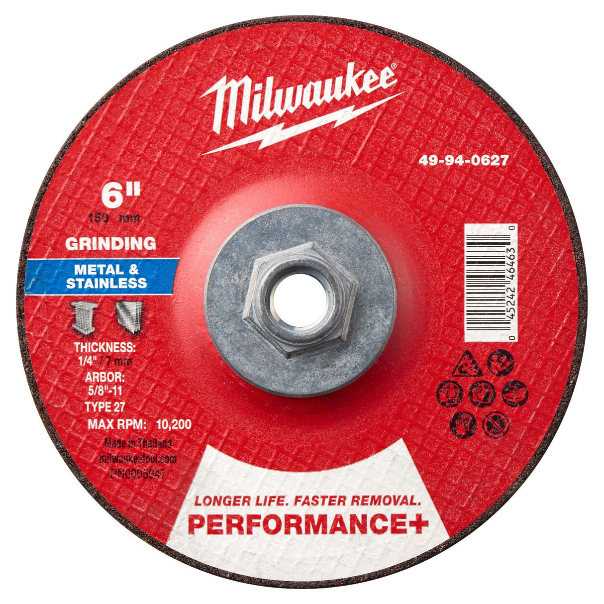 Milwaukee 49-94-0627 6 in. x 1/4 in. Type 27 Metal Grinding Wheel with 5/8-11 Hub