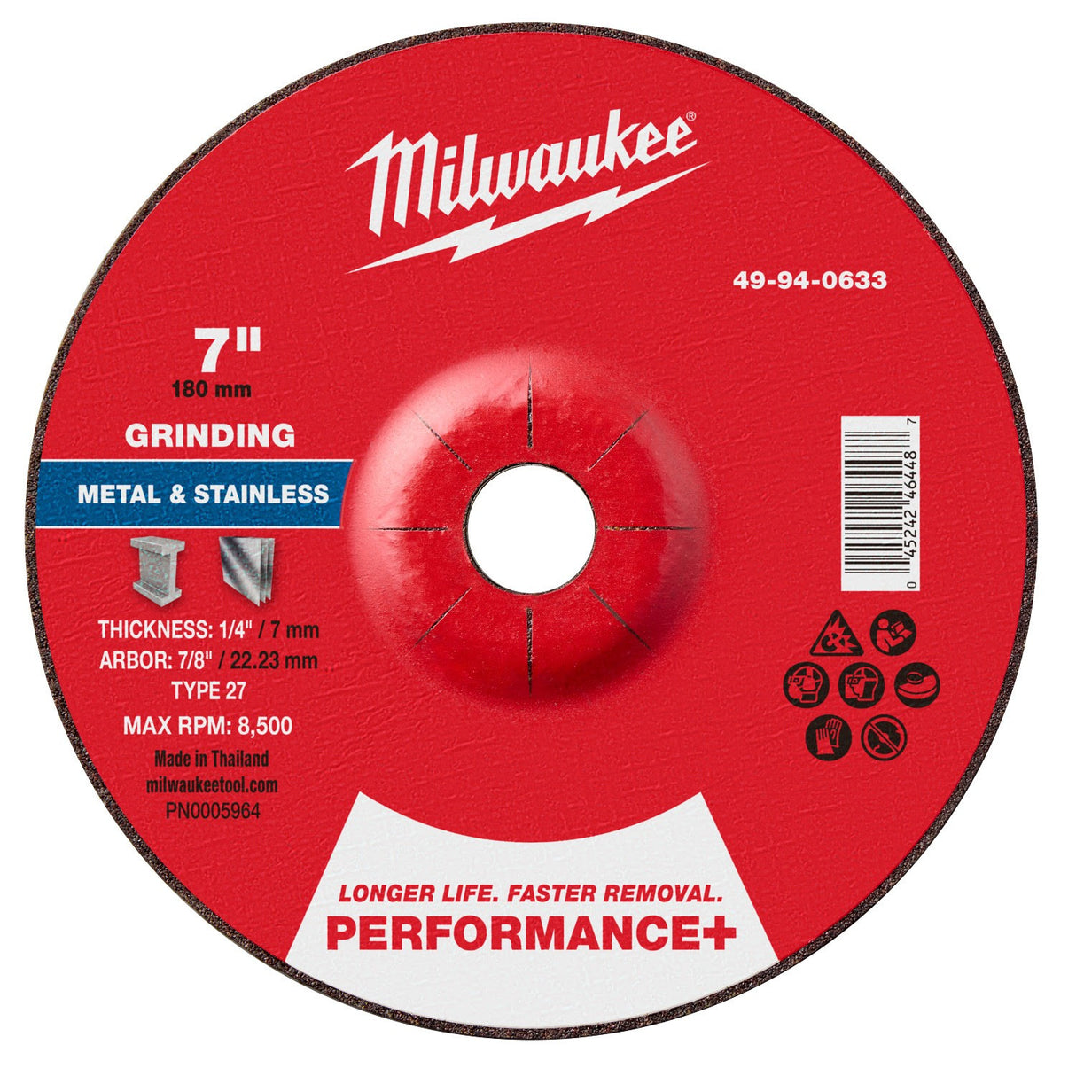 Milwaukee 49-94-0633 7 in. x 1/4 in. x 7/8 in. Performance Plus Metal Grinding Wheel Type 27 (1 Pack)