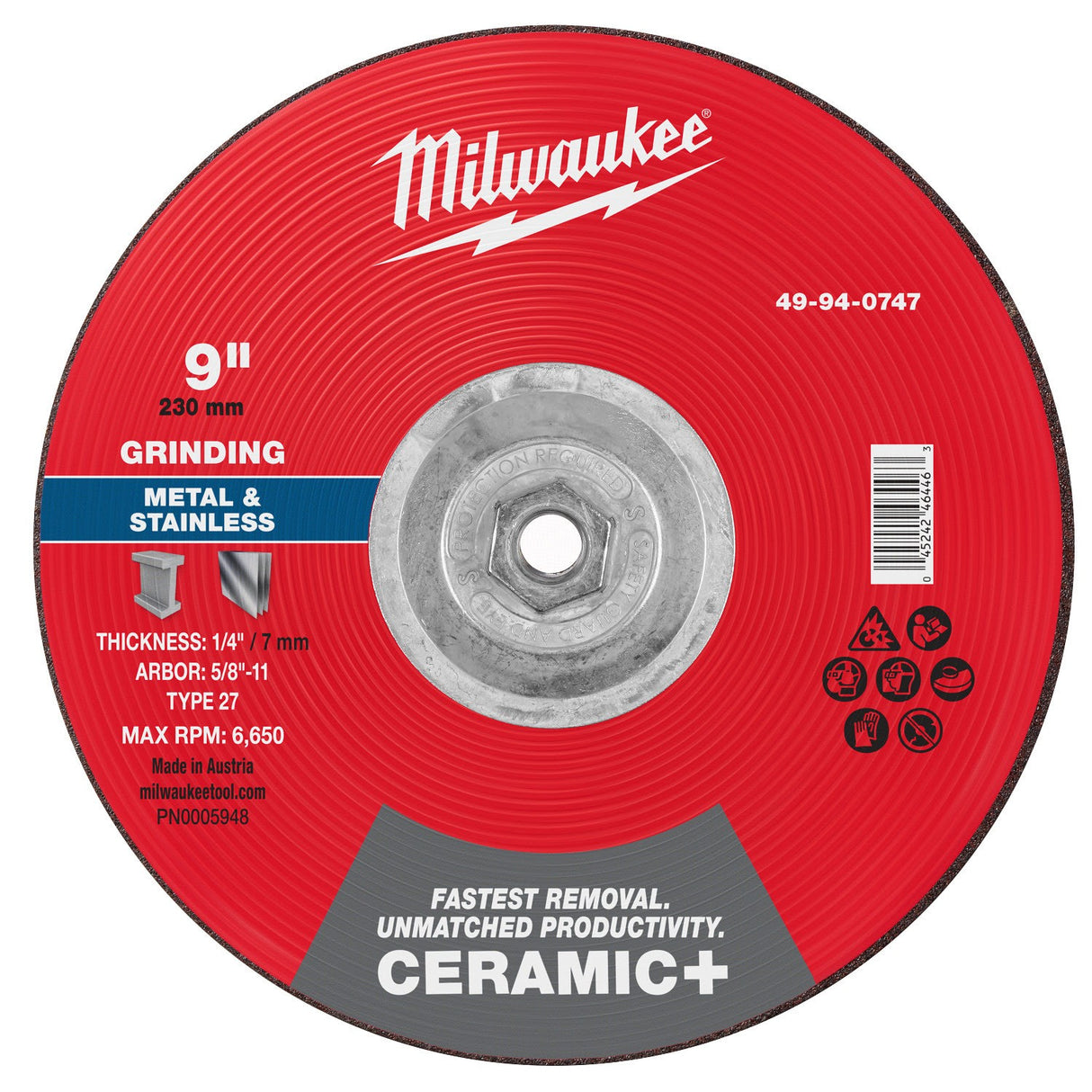 Milwaukee 49-94-0747 9 in. Type 27 Ceramic+ Metal Grinding Wheel 5/8 in.-11 Threaded Hub