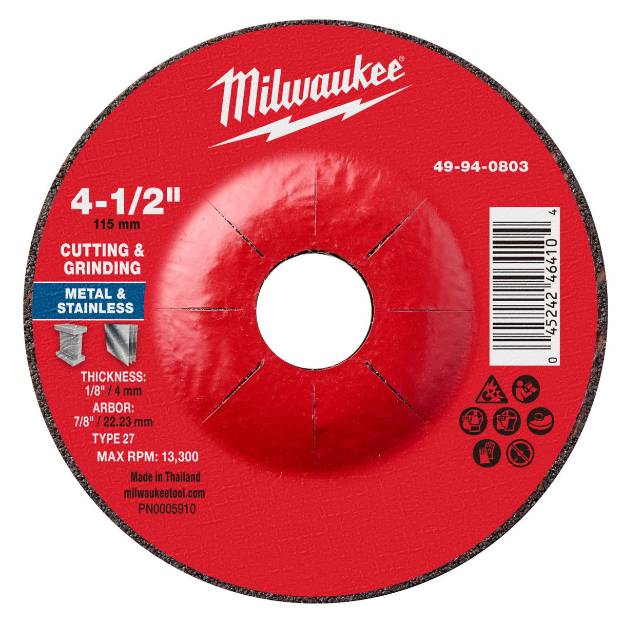 Milwaukee 49-94-0803 4-1/2 x 1/8 x 7/8 Dual Metal Cut and Grind Wheel Type 27