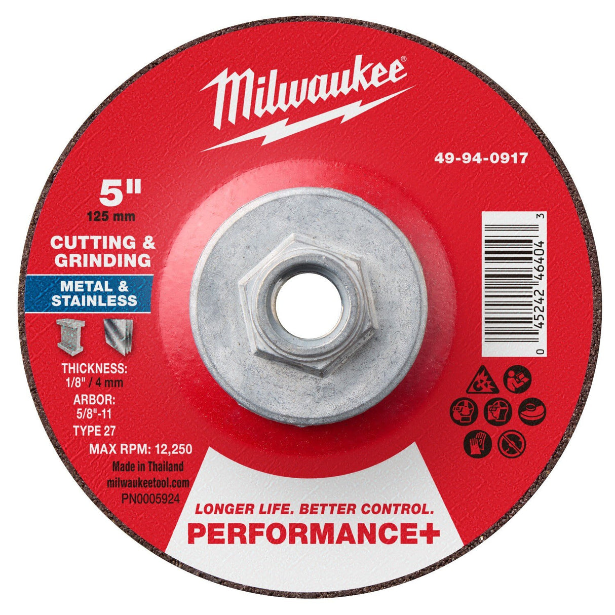 Milwaukee 49-94-0917 5 in. x 1/8 in. x 5/8 in.-11 Performance+ Dual Metal Cut and Grind Wheel Type 27