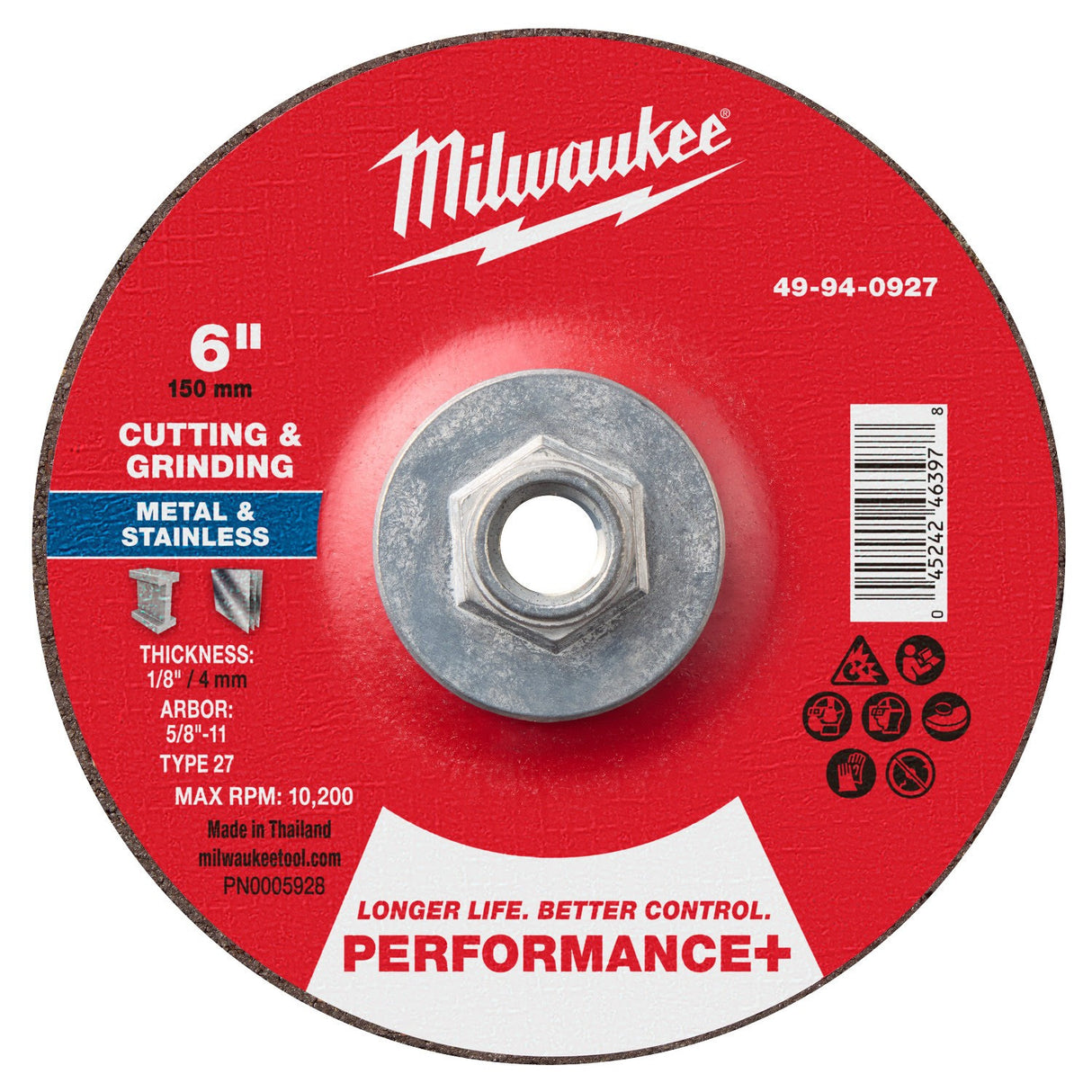 Milwaukee 49-94-0927 6 in. x 1/8 in. x 5/8-11 Performance Plus Dual Metal Cut and Grind Wheel Type 27