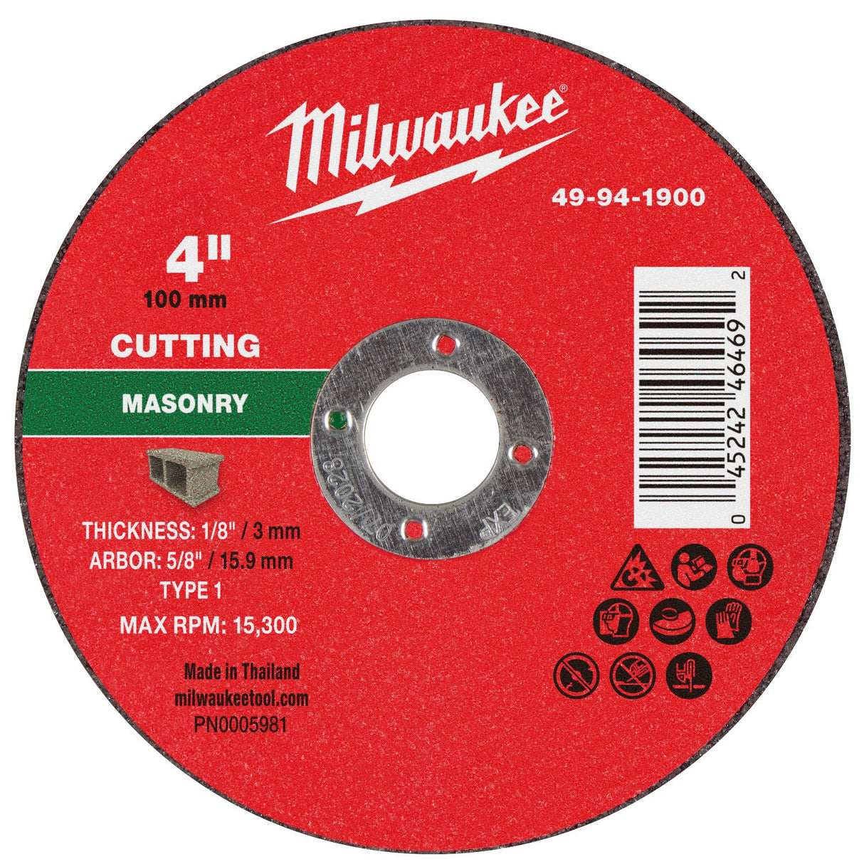 Milwaukee 49-94-1900 4 in. x 1/8 in. x 5/8 in. Masonry Cut-Off Wheel Type 1 for Angle Grinders (1 Pack)