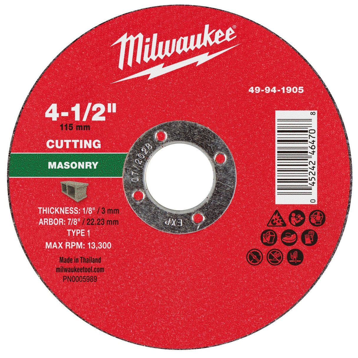 Milwaukee 49-94-1905 4-1/2 in. x 1/8 in. x 7/8 in. Masonry Cut-Off Wheel Type 1