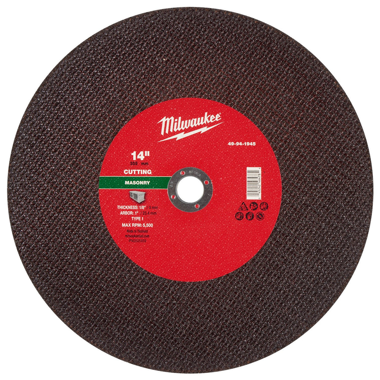 Milwaukee 49-94-1945 14 in. x 1/8 in. x 20mm Masonry Cut Off Wheel Type 1