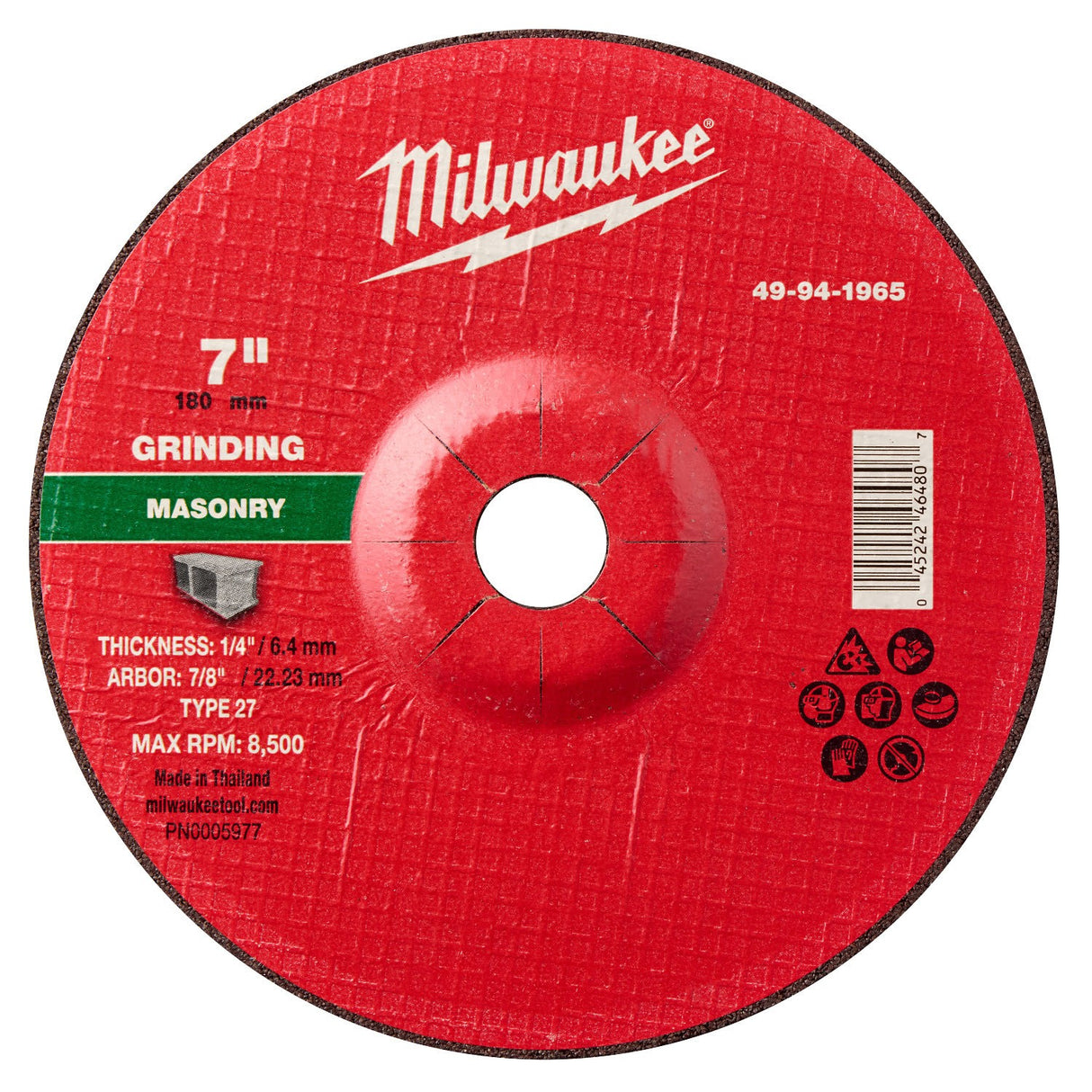 Milwaukee 49-94-1965 7 in. x 1/4 in. x 7/8 in. Type 27 Masonry Grinding Wheel