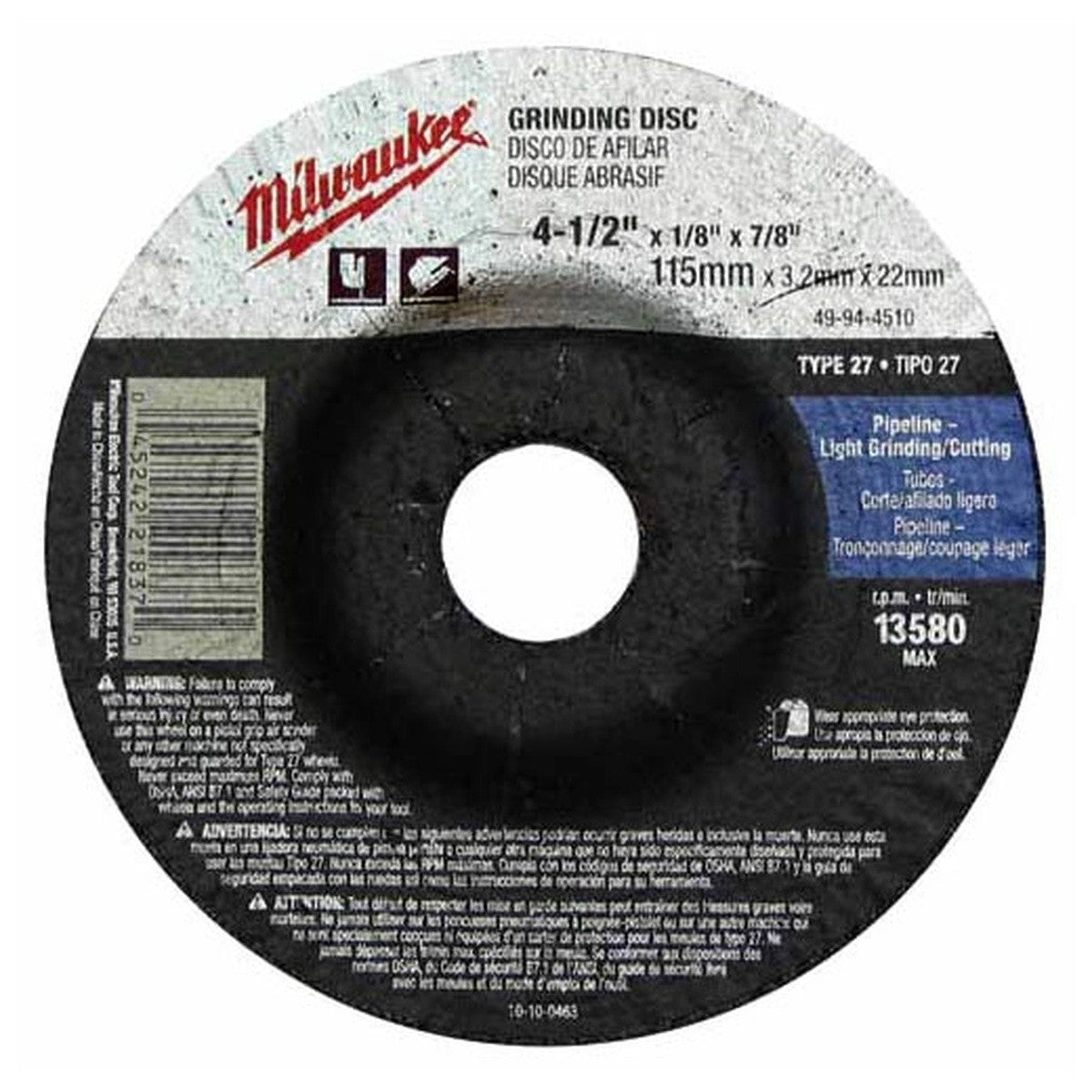 Milwaukee 49-94-4580 Type 27 Grinding Wheel 4-1-2" x 1-4" x 7-8" (10 Pack)