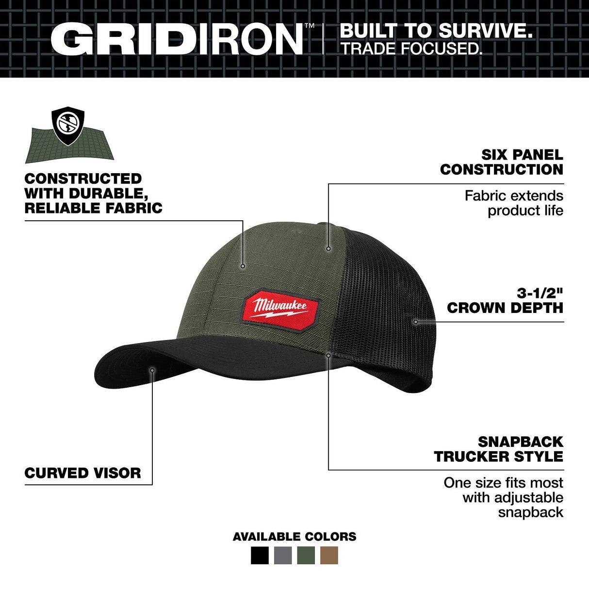 Milwaukee 505E GRIDIRON Snapback Trucker Hat Green with 3-1/2" Crown - 2