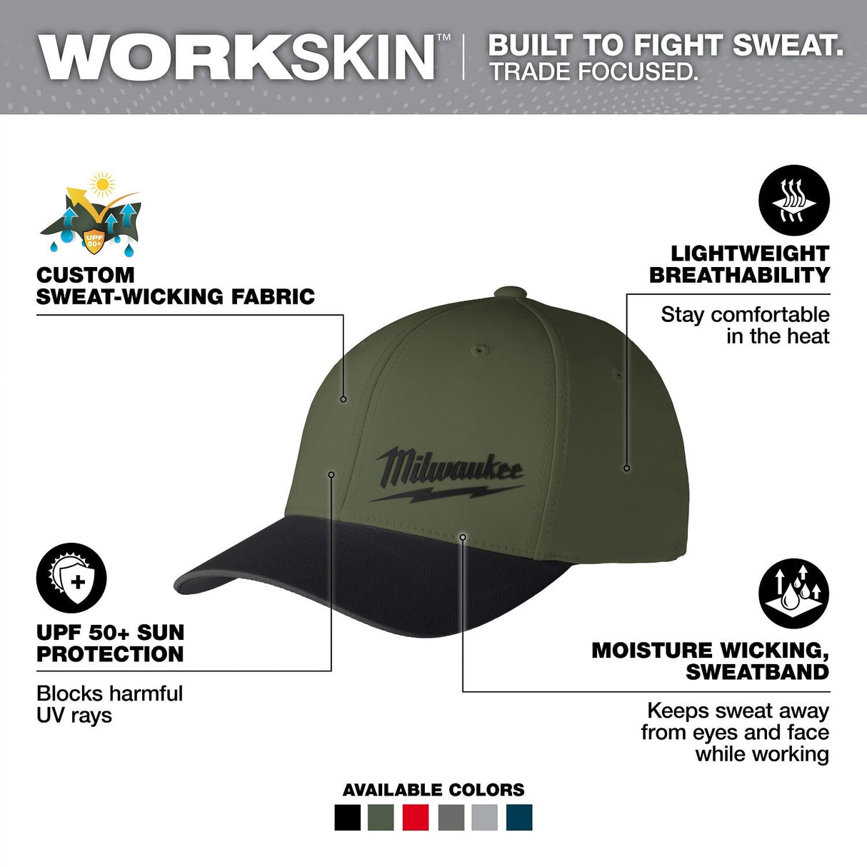 Milwaukee 507E-LXL WORKSKIN Performance Fitted Hat Moisture Wicking UPF 50 Green LXL (1 Hat) - 2