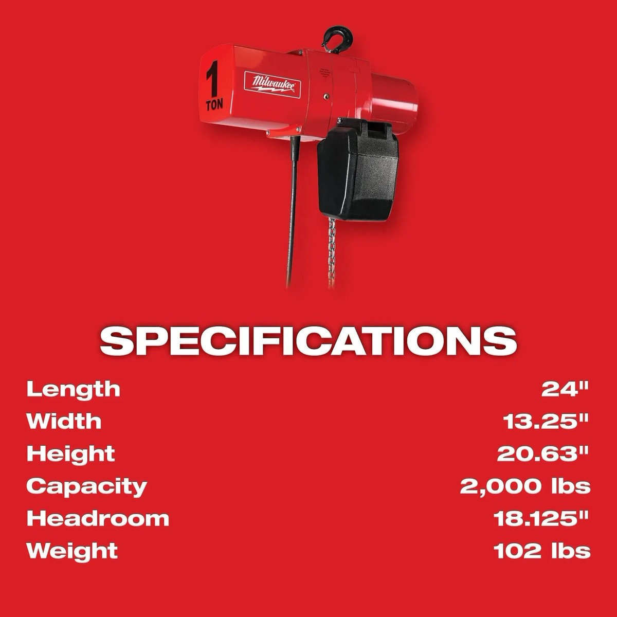 Milwaukee 9566 1 Ton Electric Chain Hoist - 10 ft. - 3
