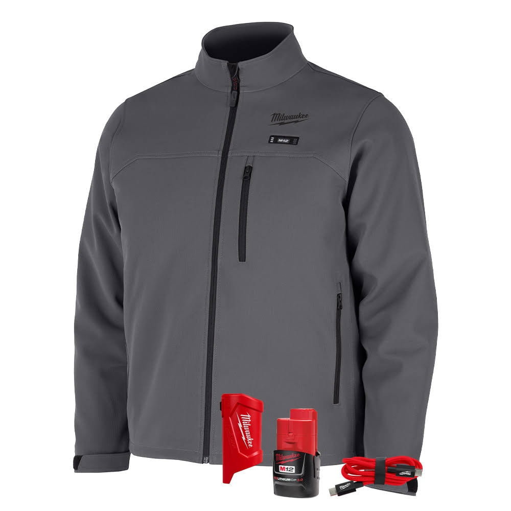 Milwaukee M100G-21 M12 Heated Gray Toughshell Jacket with (1) 3.0 Ah Battery and Charger