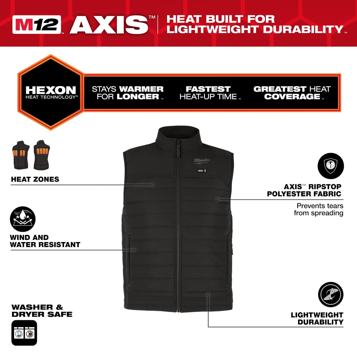 Milwaukee M300B-20 M12 Heated Black Axis Vest Only - 2