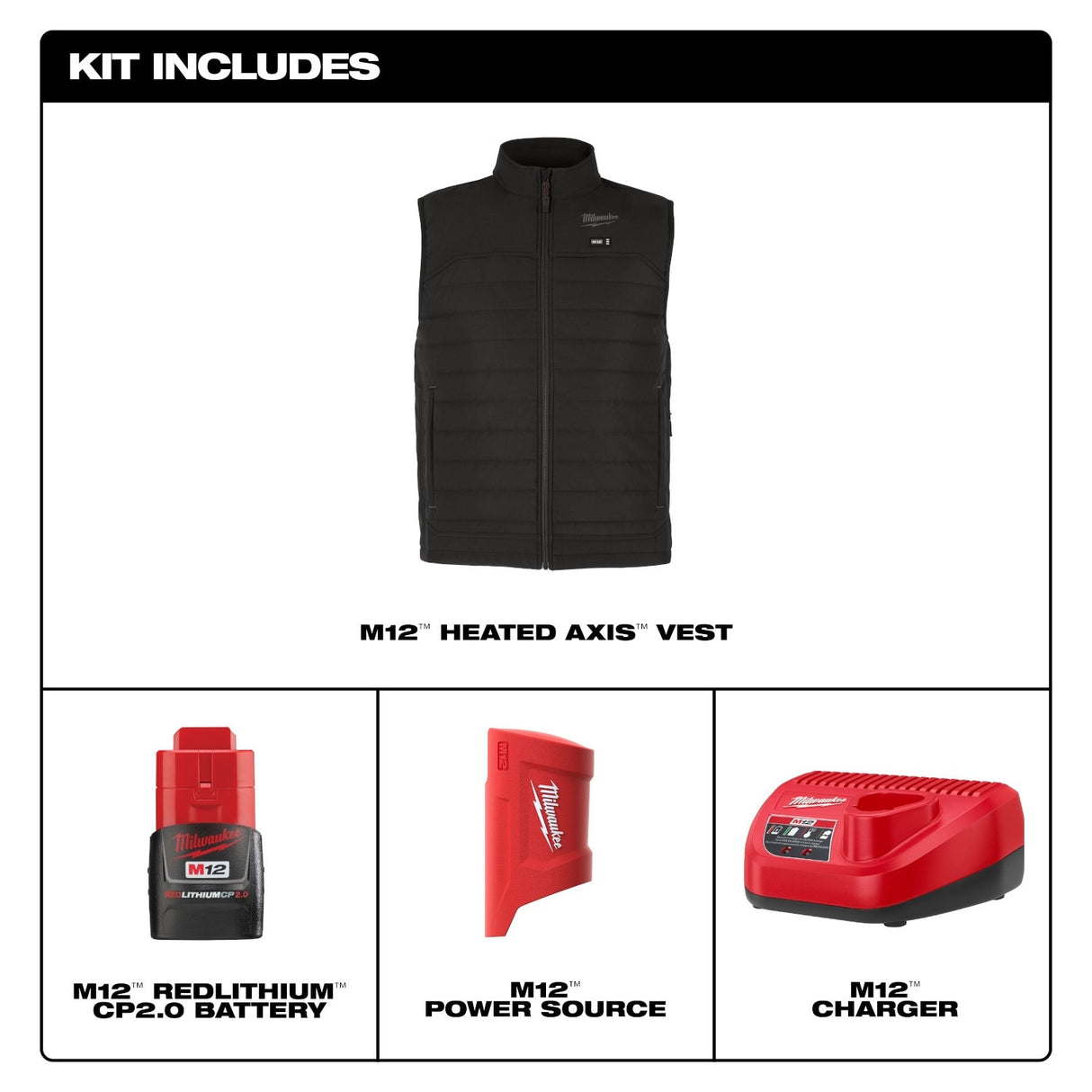 Milwaukee M300B-21 M12 Heated Black Axis Vest with (1) 2.0 Ah Battery and Charger - 5