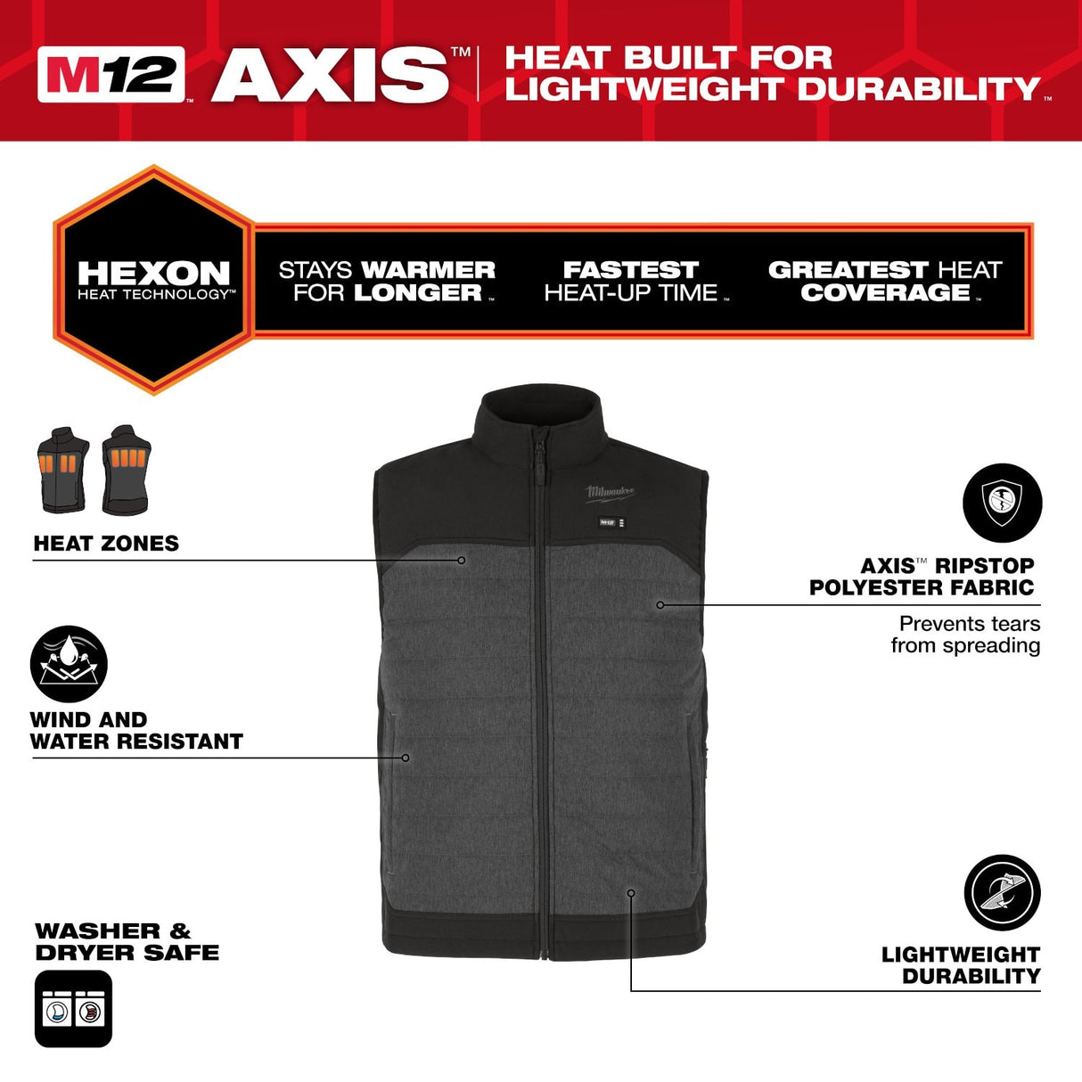 Milwaukee M300G-21 M12 Heated Gray Axis Vest with (1) 2.0 Ah Battery and Charger - 2