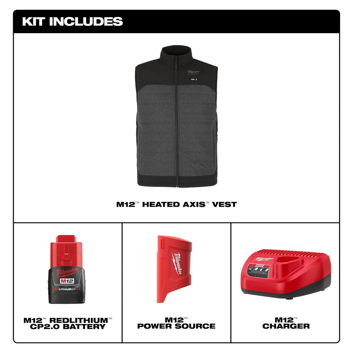Milwaukee M300G-21 M12 Heated Gray Axis Vest with (1) 2.0 Ah Battery and Charger - 5