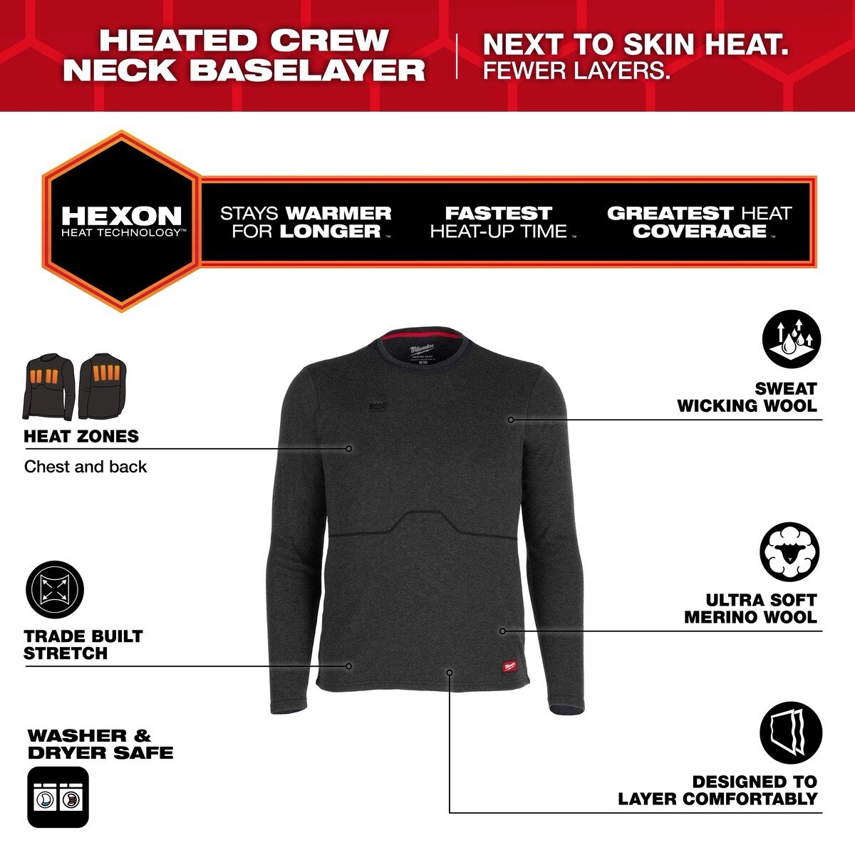 Milwaukee M500B-21 Heated Merino Wool Crew Neck Baselayer with HEXON Heat Technology and 2 Heat Zones - 3