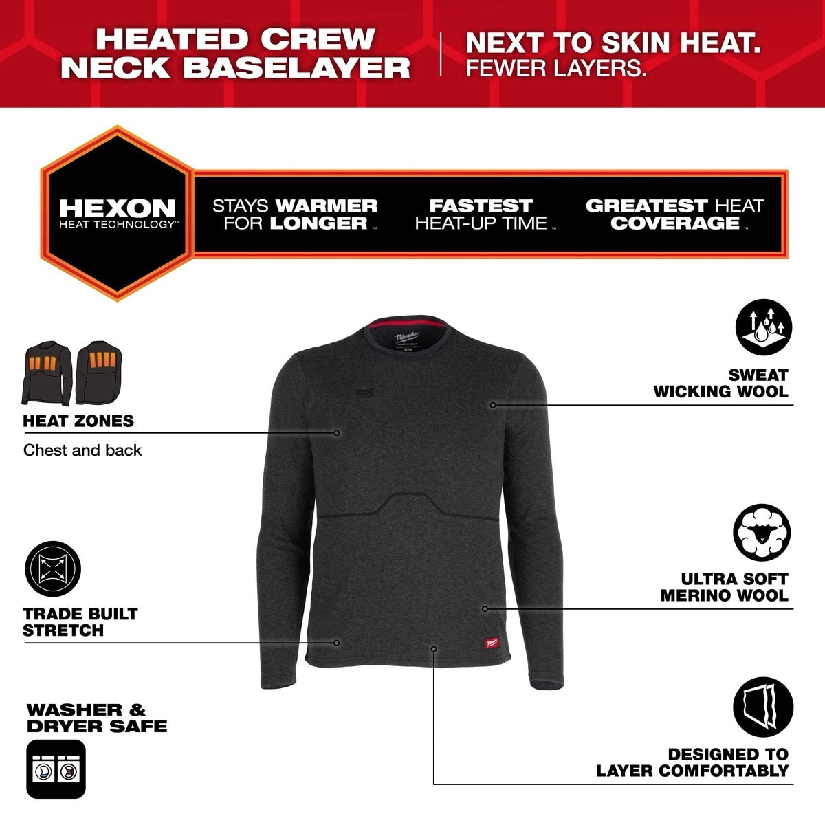 Milwaukee M500B-21 Heated Merino Wool Crew Neck Baselayer with HEXON Heat Technology and 2 Heat Zones - 3