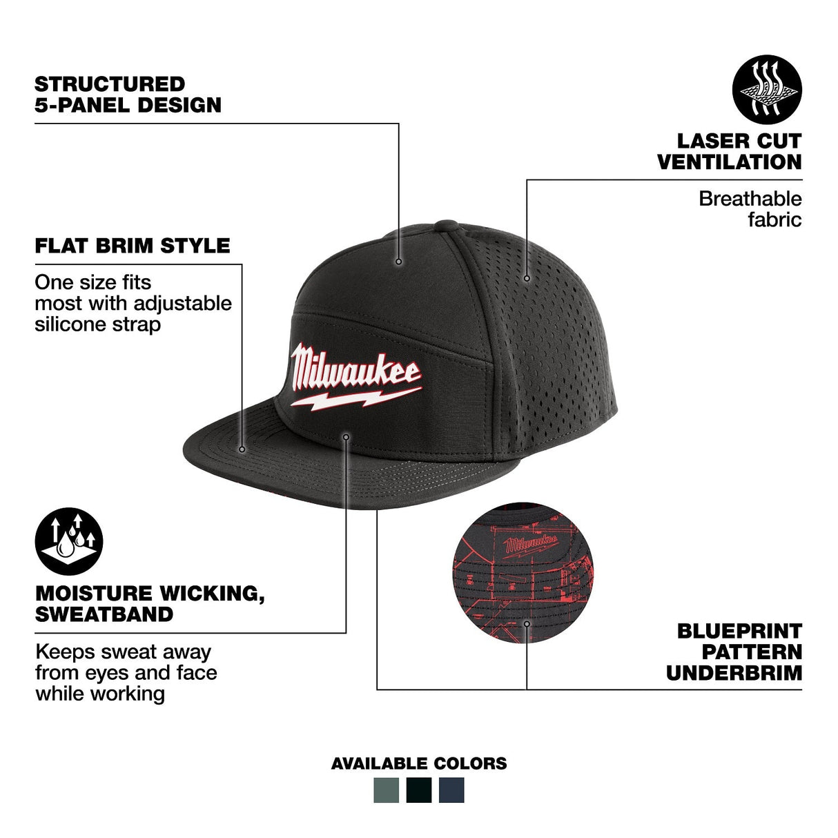 Milwaukee M771B Flat Brim Snapback Hat with Laser Cut Ventilation (1 Hat) - 2