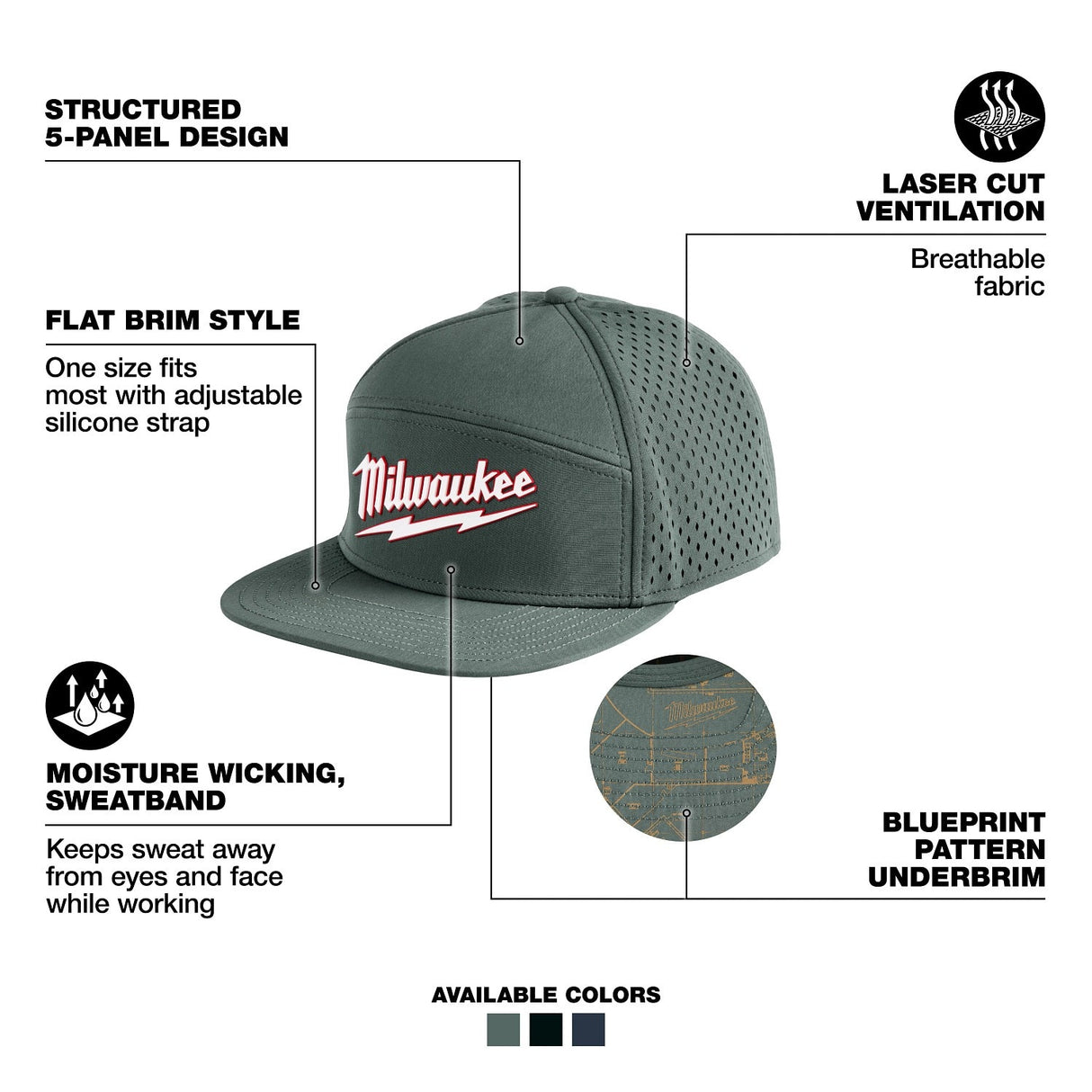 Milwaukee M771E Flat-Brim Snapback Hat with Laser-Cut Ventilation and Moisture-Wicking Sweatband - 2