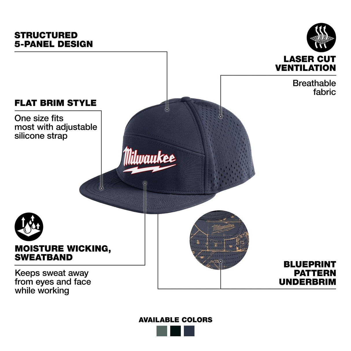 Milwaukee M771U Flat Brim Snapback Hat with Moisture Wicking Sweatband Blue - 2