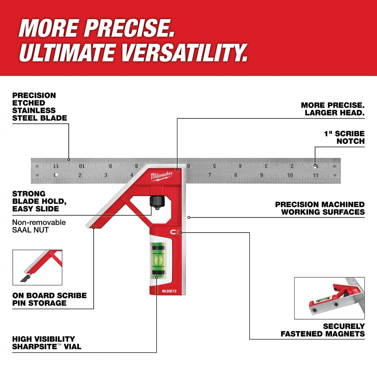 Milwaukee MLSQC12 12 in Magnetic Combination Square with Rare Earth Magnets - 2