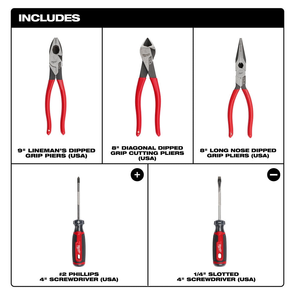 Milwaukee MT500-5 5PC Dipped Grip Cutting Pliers & Cushion Grip Screwdrivers Set (USA) - 2