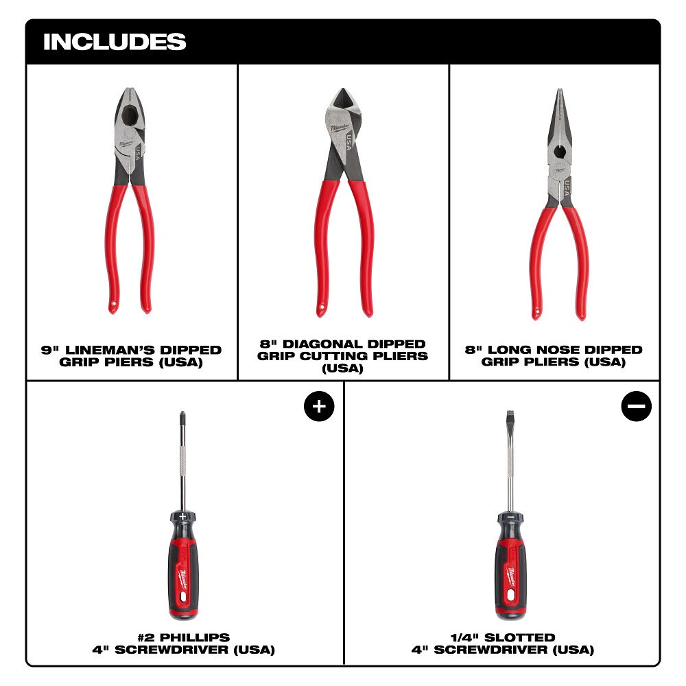 Milwaukee MT500-5 5PC Dipped Grip Cutting Pliers & Cushion Grip Screwdrivers Set (USA) - 2