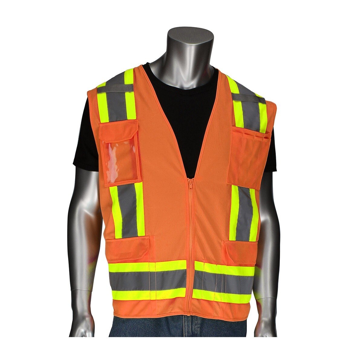PIP Industrial Products 302-0500D-OR/2X ANSI Type R Class 2 Two-Tone Surveyors Vest Solid Front Mesh Back 11 Pockets 2XL