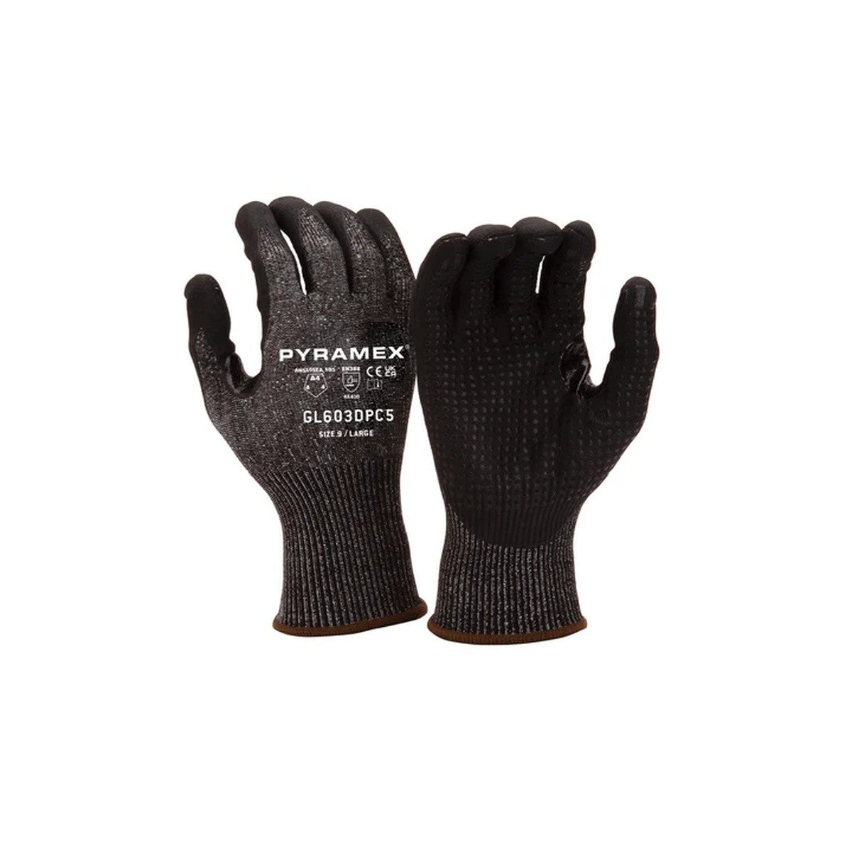 Pyramex GL603DPC5X2 Micro-Foam Nitrile Dotted Dipped Gloves, A4 Cut HPPE, Black, Large