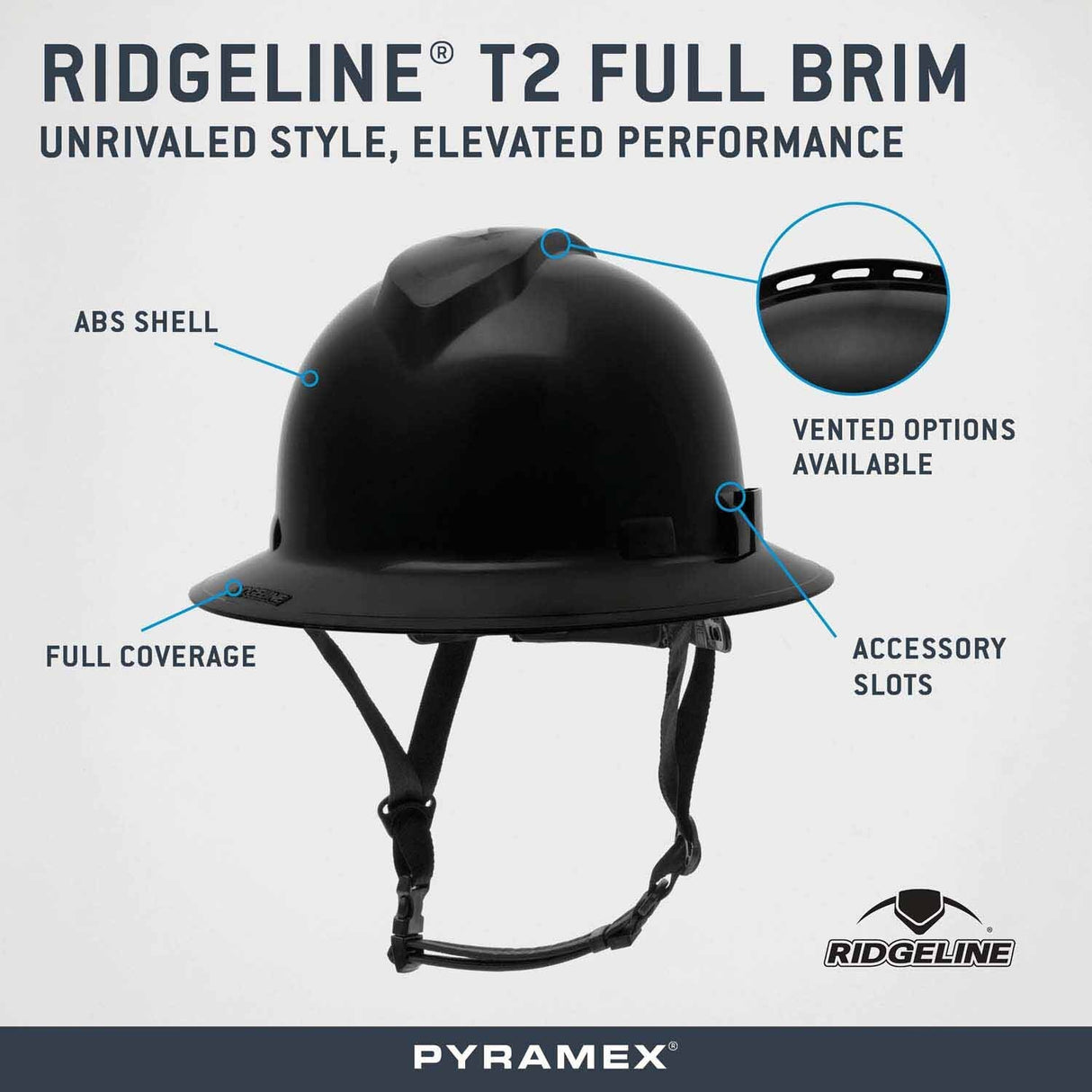 Pyramex HPT256111V Ridgeline T2 Full Brim Hard Hat - Vented - Black - 6pt Ratchet Suspension - 2