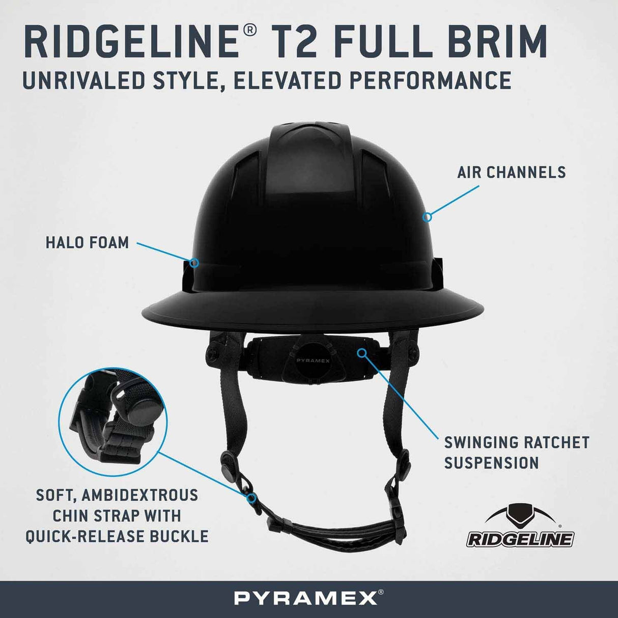 Pyramex HPT256111V Ridgeline T2 Full Brim Hard Hat - Vented - Black - 6pt Ratchet Suspension - 3